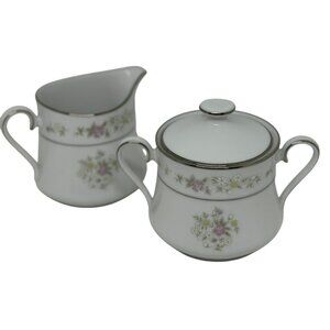VTG Floral Porcelain Creamer & Sugar Bowl Pink Yellow Flowers Silver Trim Retro